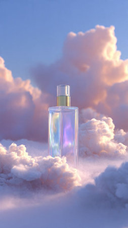 Perfume bottle on a background of clouds. 3d renderの写真素材
