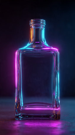 Empty transparent glass bottle on a black background with purple and blue lightsの写真素材