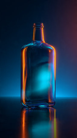 Empty glass bottle on a dark background with neon light. Blue and red colors.の写真素材