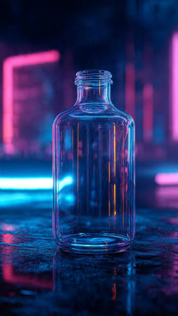 Empty glass bottle on a dark background with blue and pink neon light.の写真素材