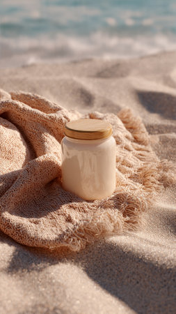 Jar of cream on beach towel, closeup. Space for textの写真素材
