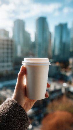 Woman hand holding a paper cup of coffee on the background of the cityの写真素材