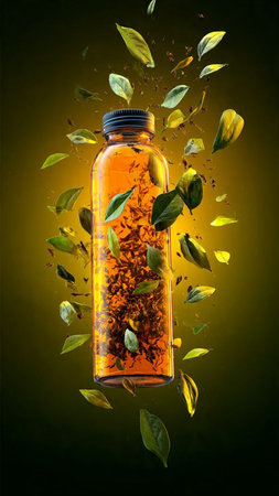 Bottle of tea with flying leaves on a dark green background.の写真素材