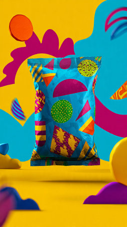 Decorative packaging bag with colorful geometric shapes on a yellow backgroundの写真素材