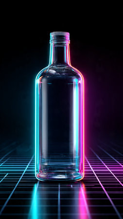 Glass bottle with blue and pink neon light on black background. 3D renderingの写真素材