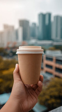 Female hand holding a paper cup of coffee on blurred city background.の写真素材