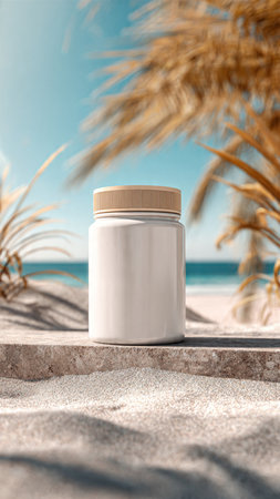 white plastic jar with cream on the beach with palm trees and sandの写真素材