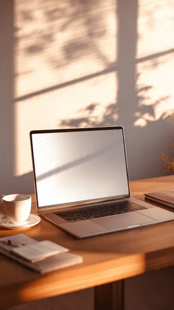 laptop with blank screen on wooden table in morning sunlight at homeの写真素材