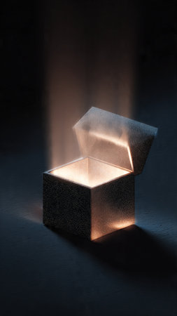 Gift box with light coming through it on dark background. Gift concept.の写真素材