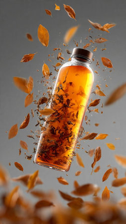 A bottle of maple syrup with falling leaves. 3D rendering.の写真素材