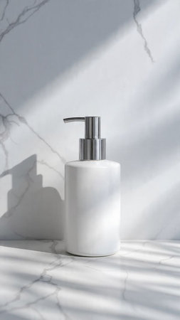 White cosmetic bottle on white marble background with sunlight and shadows. Skin care conceptの写真素材