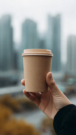 Female hand holding a paper cup of coffee on the background of skyscrapersの写真素材