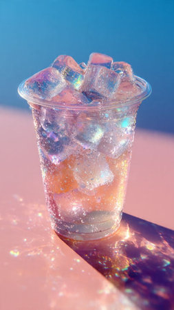 Ice cubes in a plastic cup on a blue and pink backgroundの写真素材