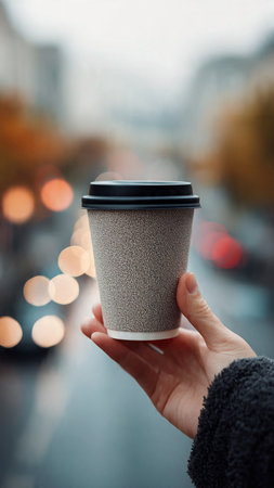 Female hand holding a paper cup of coffee on the background of the cityの写真素材