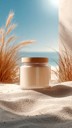 Jar with cosmetic cream on sand near sea, closeup. Space for textの写真素材