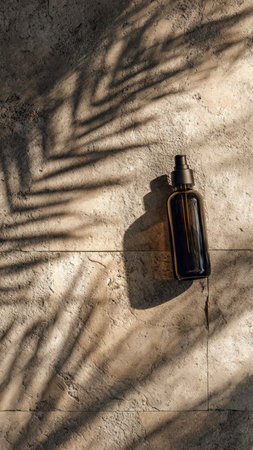 Bottle of perfume on a concrete wall with shadow from a palm leafの写真素材