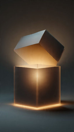 Opened cardboard box with light on a dark background. 3d renderingの写真素材