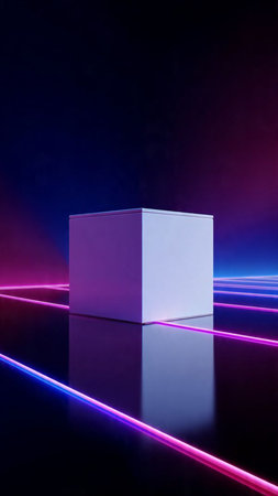 3d render, abstract background, neon light, blue and pink lines, glowing cubeの写真素材