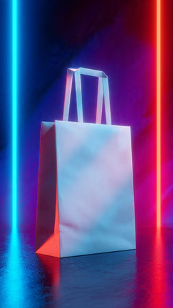 shopping bag with neon light on dark background. 3d renderingの写真素材