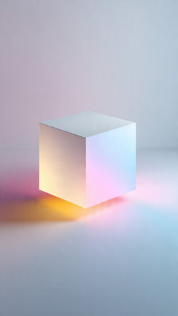 3d illustration of a white cube with colorful light on a gray backgroundの写真素材