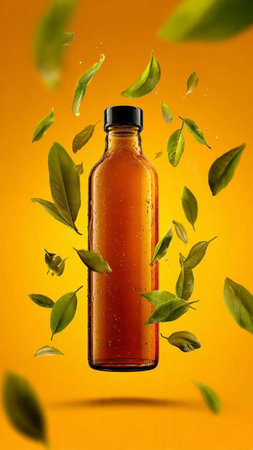 bottle of olive oil with falling leaves on orange background.の写真素材