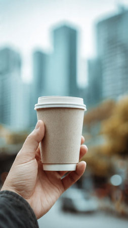 Male hand holding a paper cup of coffee on the background of the cityの写真素材