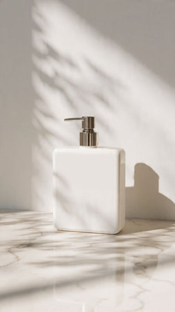 White bottle with liquid soap on white marble table with shadow overlay. Mockup for cosmetic productsの写真素材