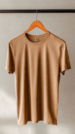 Brown t-shirt hanging on a wooden hanger on gray wallの写真素材