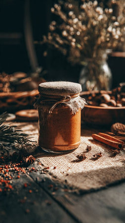 Creamy honey in a glass jar with spices on a wooden backgroundの写真素材