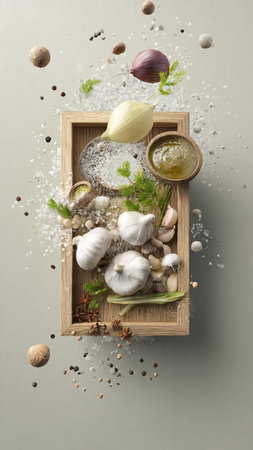 Composition with fresh garlic and spices on grey background, top viewの写真素材