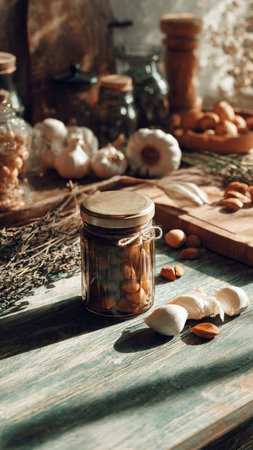 Almond nuts in a jar on a wooden rustic background.の写真素材