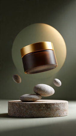 Cosmetic cream bottle and pebble stones on dark background.の写真素材