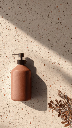 Brown bottle of liquid soap on beige background with shadows. Top view.の写真素材