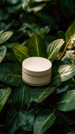 cosmetic cream in a white jar on a green background of leavesの写真素材