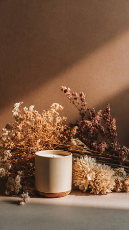 dried flowers on grey background with copy space for textの写真素材