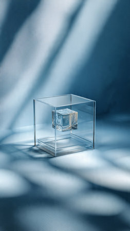 3d illustration of an empty glass cube on a blue background.の写真素材