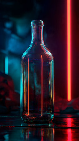 empty bottle on a dark background with a red neon lightの写真素材