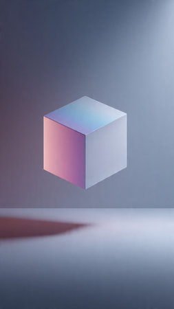 3d rendering of geometric shape in blue and pink colors on grey backgroundの写真素材