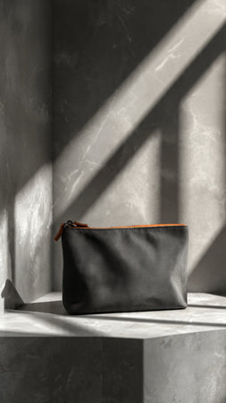 Black leather bagle table in sunlight. Mockup for designの写真素材