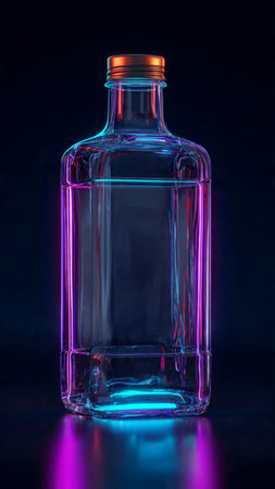 bottle on a black background with blue and pink lightingの写真素材