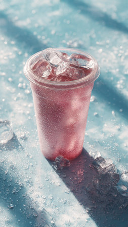 Ice cold drink in a plastic cup on the ice. Cold refreshing drink.の写真素材