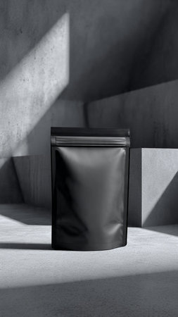 3d render of a black paper bag on a concrete background.の写真素材