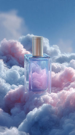 Perfume bottle on a background of blue sky with clouds.の写真素材