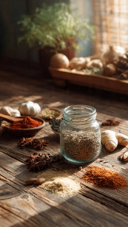 Spices and herbs in a glass jar on a wooden table.の写真素材