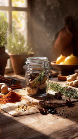Herbs and spices in a glass jar on a wooden table.の写真素材
