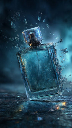 Perfume bottle with splashes on dark background, 3D renderingの写真素材