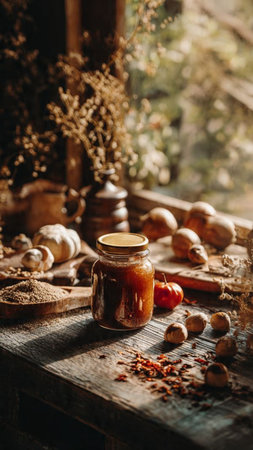 Rustic still life with a jar of homemade apple jam on a wooden tableの写真素材