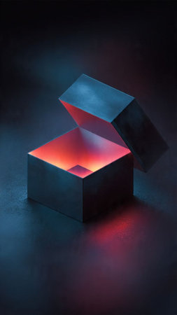 3d rendering of black cube in dark room with red light on itの写真素材