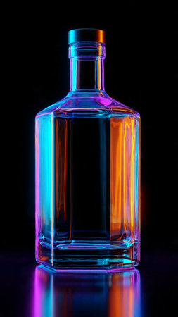 bottle of alcohol on a black background with blue and red lightの写真素材
