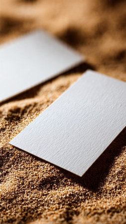 Photo of blank business cards on sand background. Mockup for branding identity.の写真素材